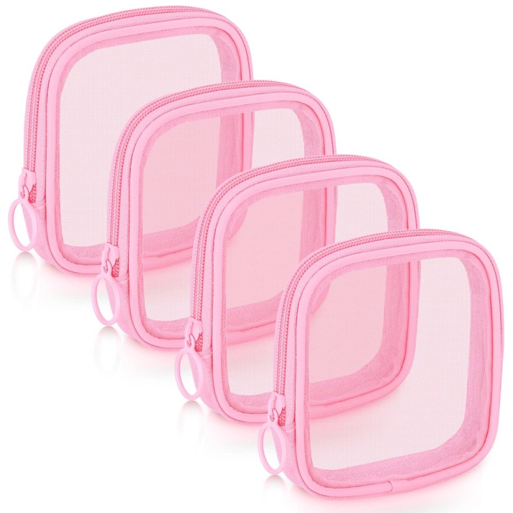 Weewooday 4 Pcs Mesh Makeup Bag Mesh Cosmetic Bag Travel Toiletry Pouch with Zipper Mini Makeup Cosmetic Purse for Daily Accessory(Small,Pink)