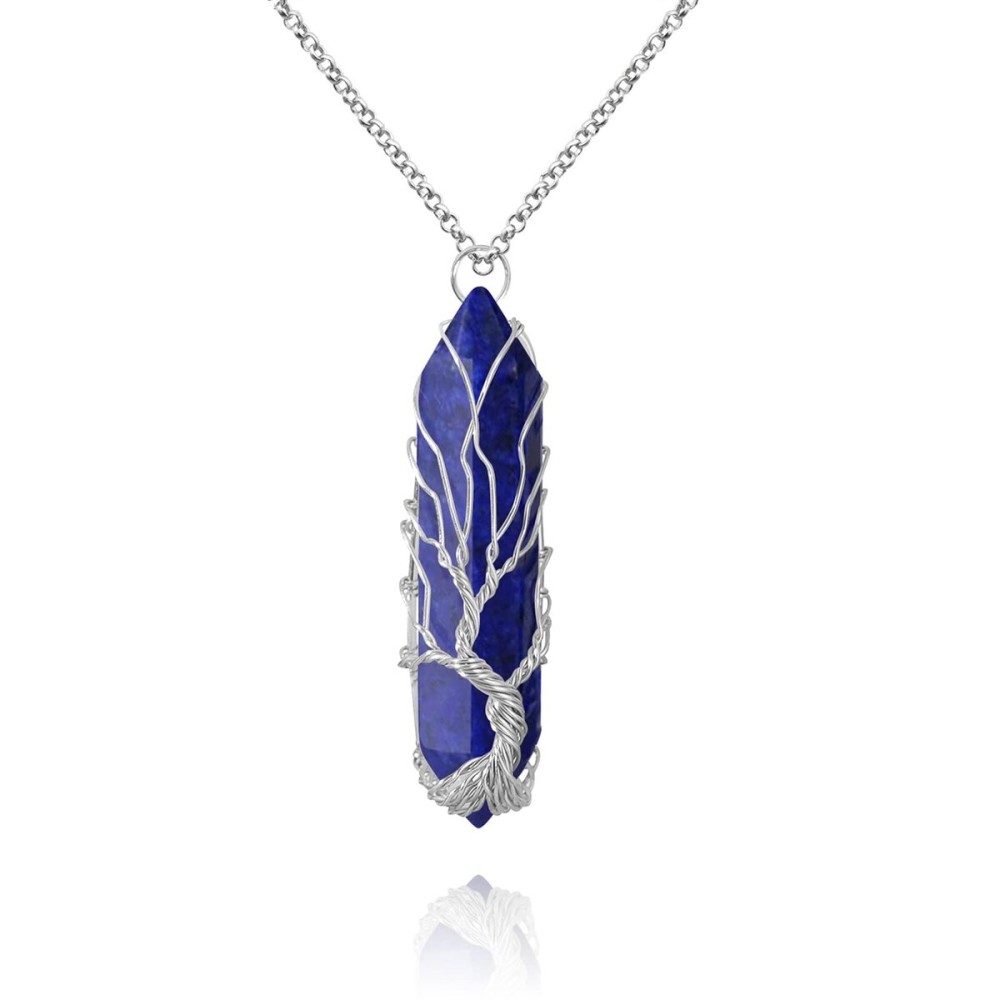 VIBILIA Healing Crystal Necklace Tree of Life Wire Wrapped Lapis Lazuli Stone Point Pendant Necklace Hexagonal Reiki Spiritual Quartz Gemstone Jewelry for Women Men - Silver