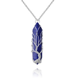 VIBILIA Healing Crystal Necklace Tree of Life Wire Wrapped Lapis Lazuli Stone Point Pendant Necklace Hexagonal Reiki Spiritual Quartz Gemstone Jewelry for Women Men - Silver