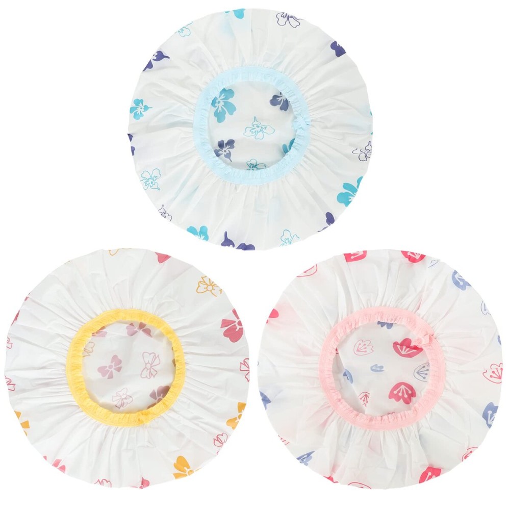 Waterproof Shower Caps, 3 Pcs Plastic Reusable Shower Caps Elastic Band Bath Caps for Women, Kids (Flower)