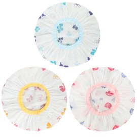 Waterproof Shower Caps, 3 Pcs Plastic Reusable Shower Caps Elastic Band Bath Caps for Women, Kids (Flower)