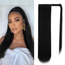 BARSDAR Black Straight Wrap Ponytail Extension - 20 Inch Long Straight Wrap Around Ponytail Hair Extensions for Black Women, Synthetic Clip in Pony Tails Hairpieces Daily
