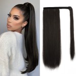 BARSDAR Straight Ponytail Extension - 18 Inch Long Straight Wrap Around Ponytail for Women Clip in Ponytail Hair Extensions Synthetic Brown Hair Pony Tails Hairpieces Daily - Dark Brown