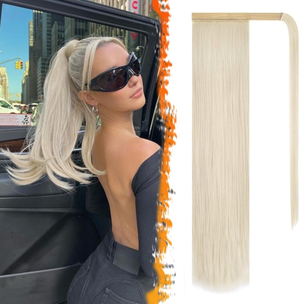 BARSDAR Ivory White Straight Wrap Ponytail Extension - 20 Inch Long Straight Wrap Around Ponytails for Women, Synthetic Clip in Ponytail Hair Extensions Blonde Pony Tails Hairpieces Daily