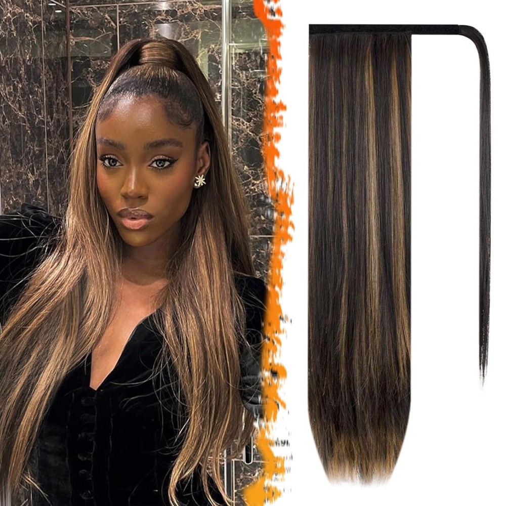 BARSDAR Dark Brown Highlight Straight Ponytail Extension - 20 Inch Long Straight Wrap Around Ponytail for Black Women, Synthetic Clip in Pony Tails Hair Extensions Hairpieces Daily