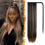 BARSDAR Dark Brown Highlight Straight Ponytail Extension - 20 Inch Long Straight Wrap Around Ponytail for Black Women, Synthetic Clip in Pony Tails Hair Extensions Hairpieces Daily