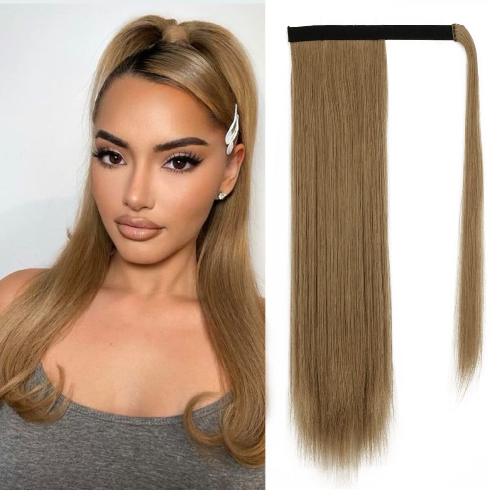 BARSDAR Light Golden Brown Straight Wrap Ponytail Extension - 18 Inch Long Straight Wrap Around Ponytail for Women, Synthetic Clip in Pony Tails Hair Extensions Brown Hairpieces Daily