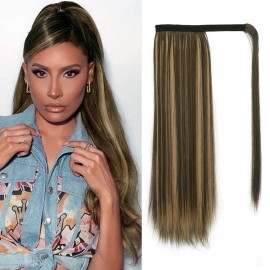 BARSDAR Dark Brown Highlight Straight Ponytail Extension - 18 Inch Long Straight Wrap Around Ponytail for Black Women, Synthetic Clip in Pony Tails Hair Extensions Hairpieces Daily
