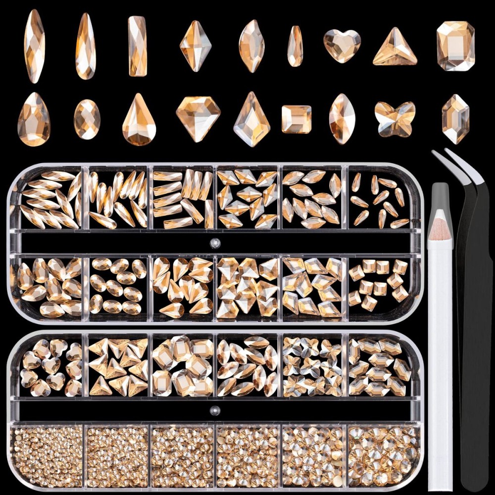 18 Styles Multi-Shaped Glass Gemstones for Nails and 6 Sizes Round Crystal Rhinestones Kit 5, Champagne Nail Art Charm Bead Manicure Decoration with Pickup Pencil and Tweezer