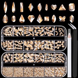 18 Styles Multi-Shaped Glass Gemstones for Nails and 6 Sizes Round Crystal Rhinestones Kit 5, Champagne Nail Art Charm Bead Manicure Decoration with Pickup Pencil and Tweezer