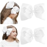 DEEKA 2 PCS 8 Big Hair Bows Hand-made Grosgrain Ribbon Solid Color Large Bows Alligator Clips Hair Accessories for Girls Set of 2 -White