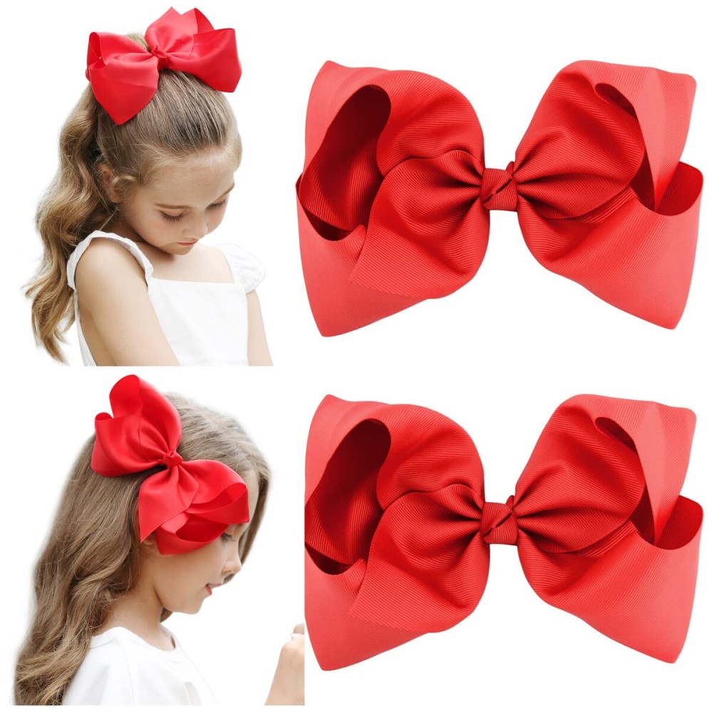 DEEKA 2 PCS 8 Big Hair Bows Hand-made Grosgrain Ribbon Solid Color Large Bows Alligator Clips Hair Accessories for Girls Set of 2 -Red