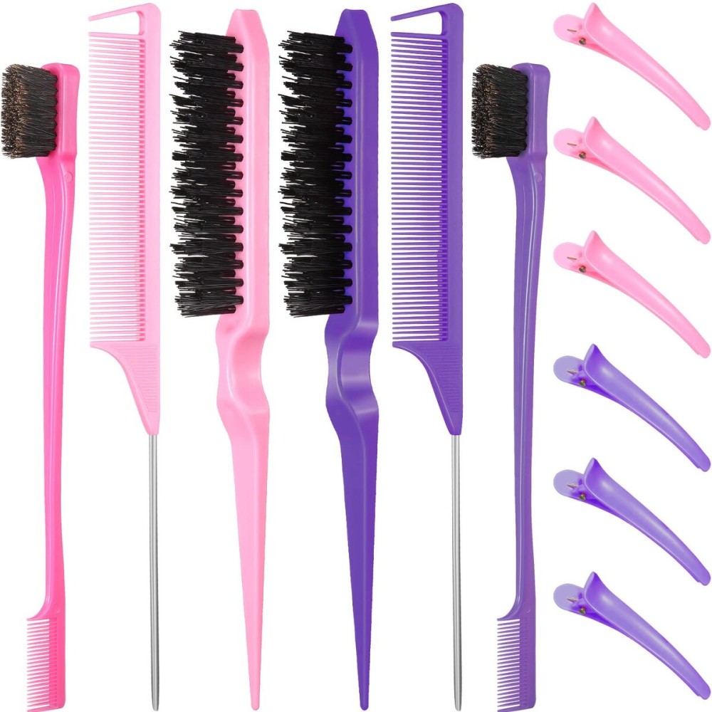 Remerry 12 Pieces Hair Brush Set, Includes 3 Row Salon Teasing Brushes, Double Sided Hair Edge Brush, Rat Tail Combs, Duckbill Clips for Women Girls (Pink, Purple)