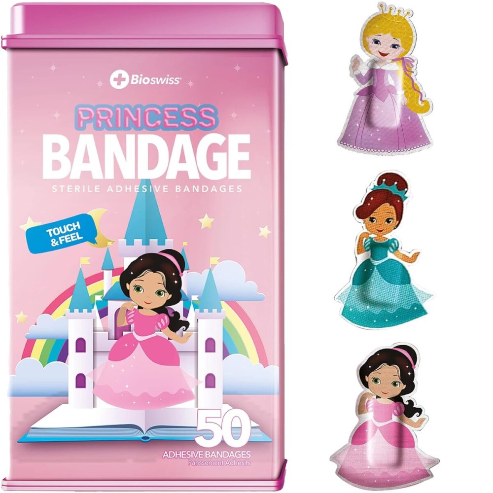 BioSwiss Bandages, Princess Shaped Self Adhesive Bandage Set, Latex Free, Sterile Wound Care, 50 Count
