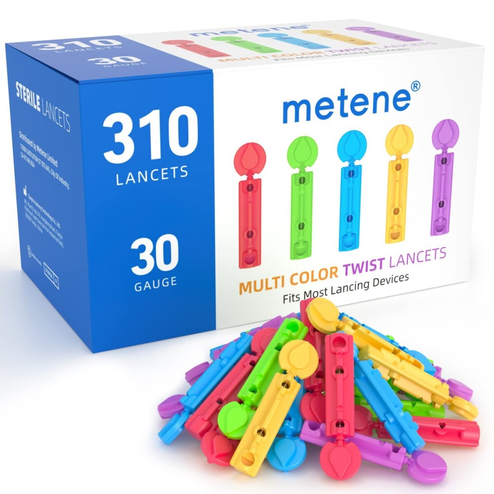 Metene Twist Top Lancets for Lancing Devices, 310 Count, 30 Gauge Lancets for Blood Sugar Test, Diabetic Lancets, Multicolored