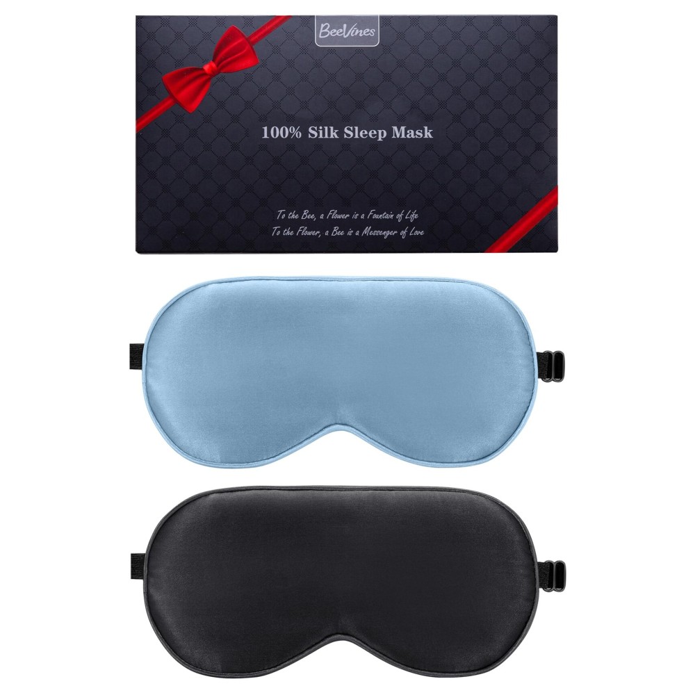 BeeVines 100% Real Mulberry Silk 2 Pack Sleep Mask, Pure Silk Eye Masks with Adjustable Strap for Sleeping, 100% Block Light Eye Shade Cover, Reduces Puffy Eyes Traveling Gifts(Black & Pastel Blue)