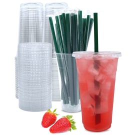 24 oz Clear Plastic Cups with Lids and Straws, Disposable Coffee Cups 25 Sets