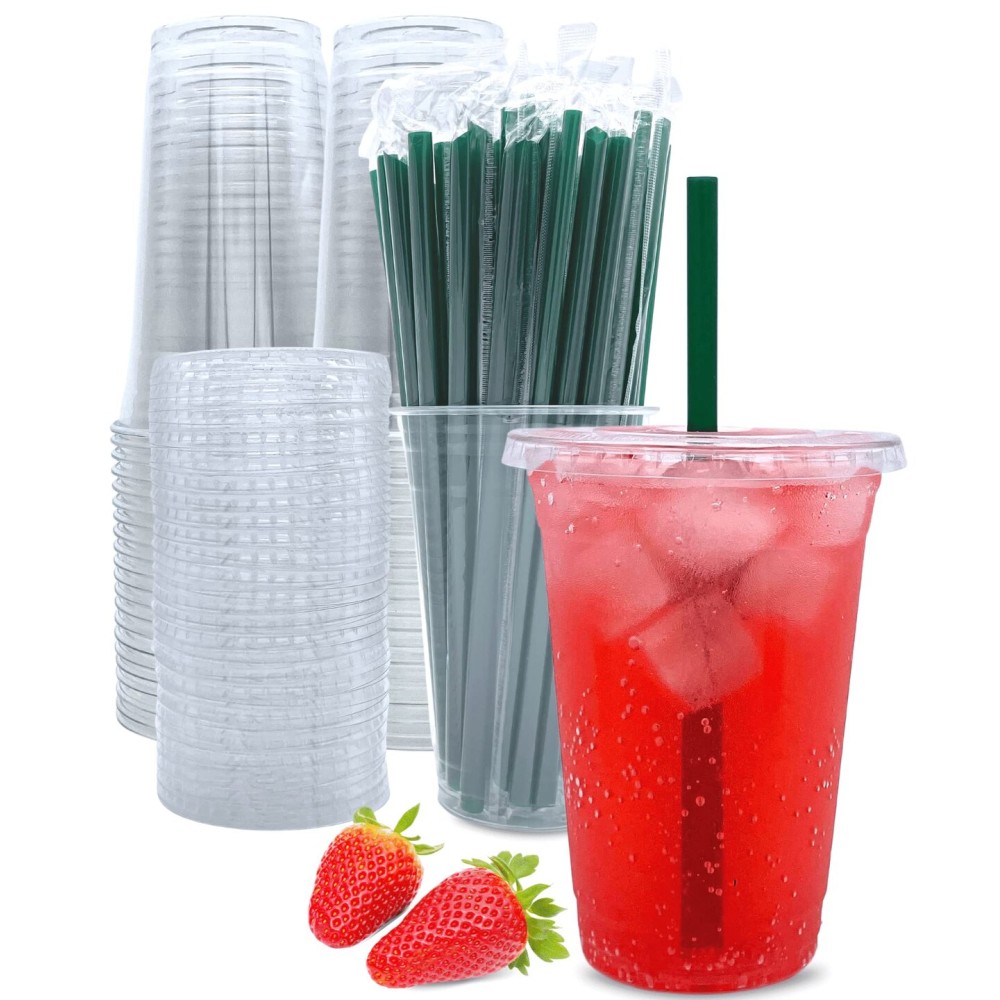 20 oz Clear Plastic Cups with Lids and Straws, Disposable Coffee Cups 25 Sets