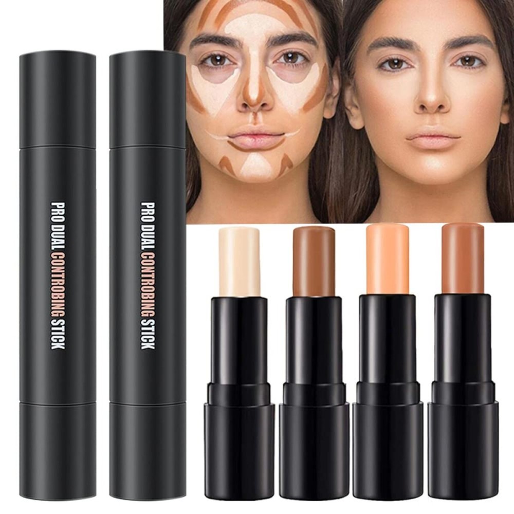 4 Colors Cream Contour Sticks Makeup Kit, Primer Face Highlighter Contouring for Beginners, Highlight and Contour Kit, Cream Concealer Makeup Blur Stick, Primer Face Corrector 1,3