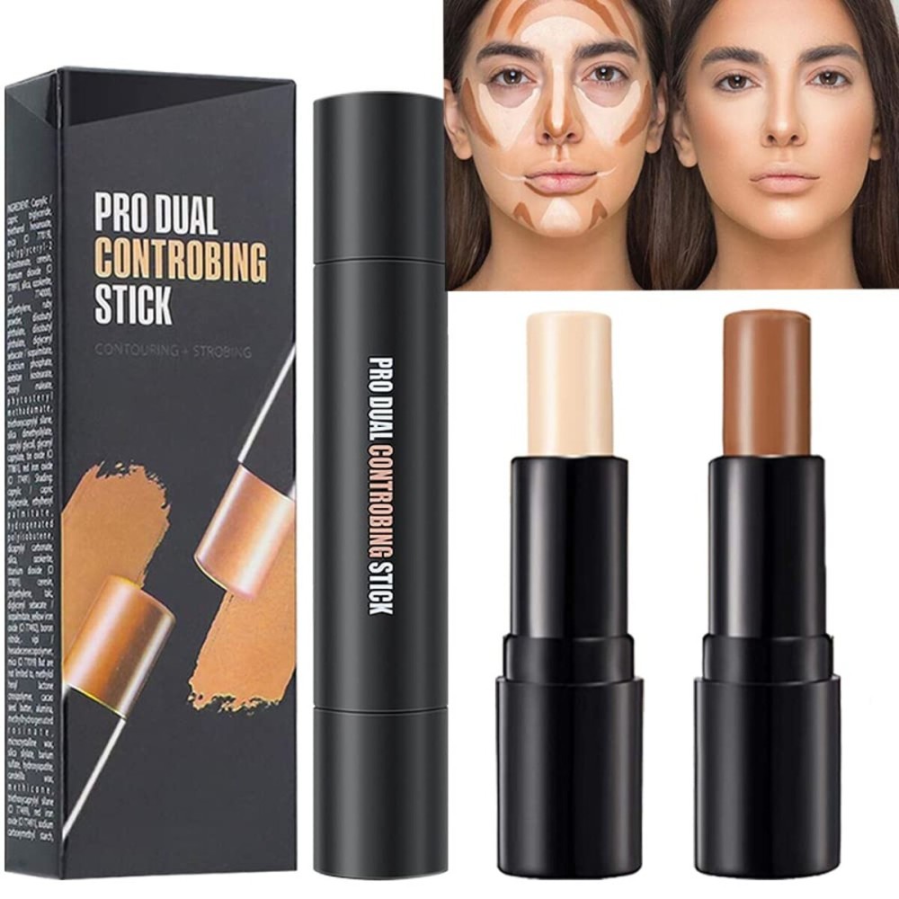 2 Colors Cream Contour Sticks Makeup Kit, Primer Face Highlighter Contouring for Beginners, Highlight and Contour Kit, Cream Concealer Makeup Blur Stick, Primer Face Corrector 1