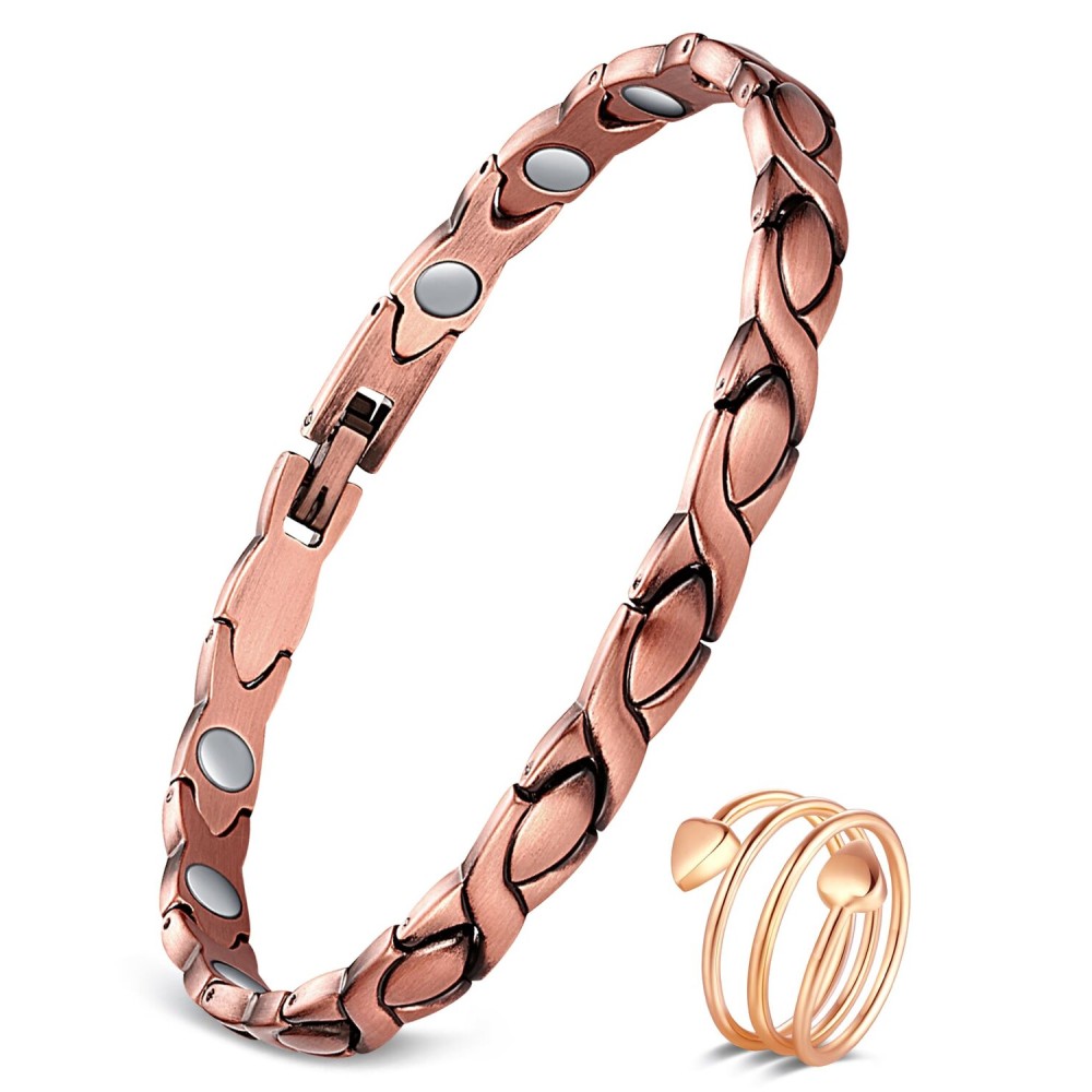 Feraco Copper Bracelet for Women Hand Forged 99.99% Solid Pure Copper Magnetic Wristband with Pro Neodymium Magnets (X Shape with Ring)