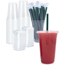 20 oz Clear Plastic Cups with Lids and STRAWS, Disposable Drinking Cups for Cold Drinks, Iced Coffee, Milkshakes, Smoothies, 25 Sets
