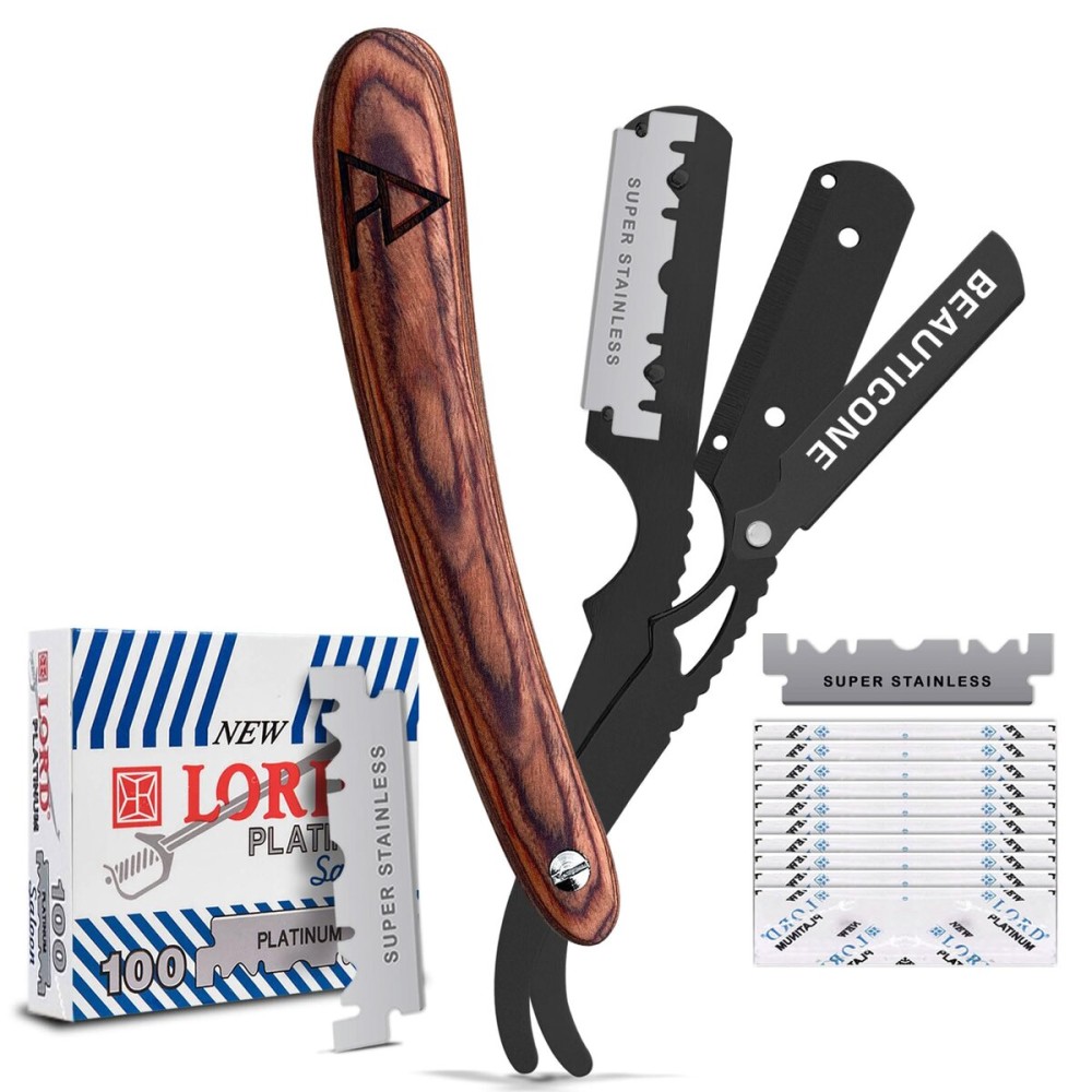 BEAUTICONE Straight Razors for Men, Straight Edge Razor, 100 Single Edge Blades, Stainless Steel, Barber Razor for Men\'s Shaving, Barber Shaving Knife, Wooden, Swinglock