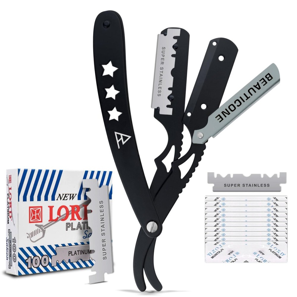 BEAUTICONE Straight Razors for Men, Straight Edge Razor, 100 Single Edge Blades, Stainless Steel, Barber Razor for Men\'s Shaving, Barber Shaving Knife, Swinglock
