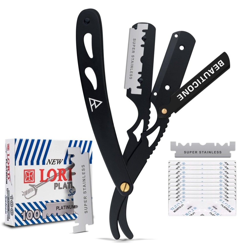 BEAUTICONE Straight Razors for Men, Straight Edge Razor, 100 SingleEdge Blades, Stainless Steel, Barber Razor for Men\'s Shaving, Barber Shaving Knife, Swinglock