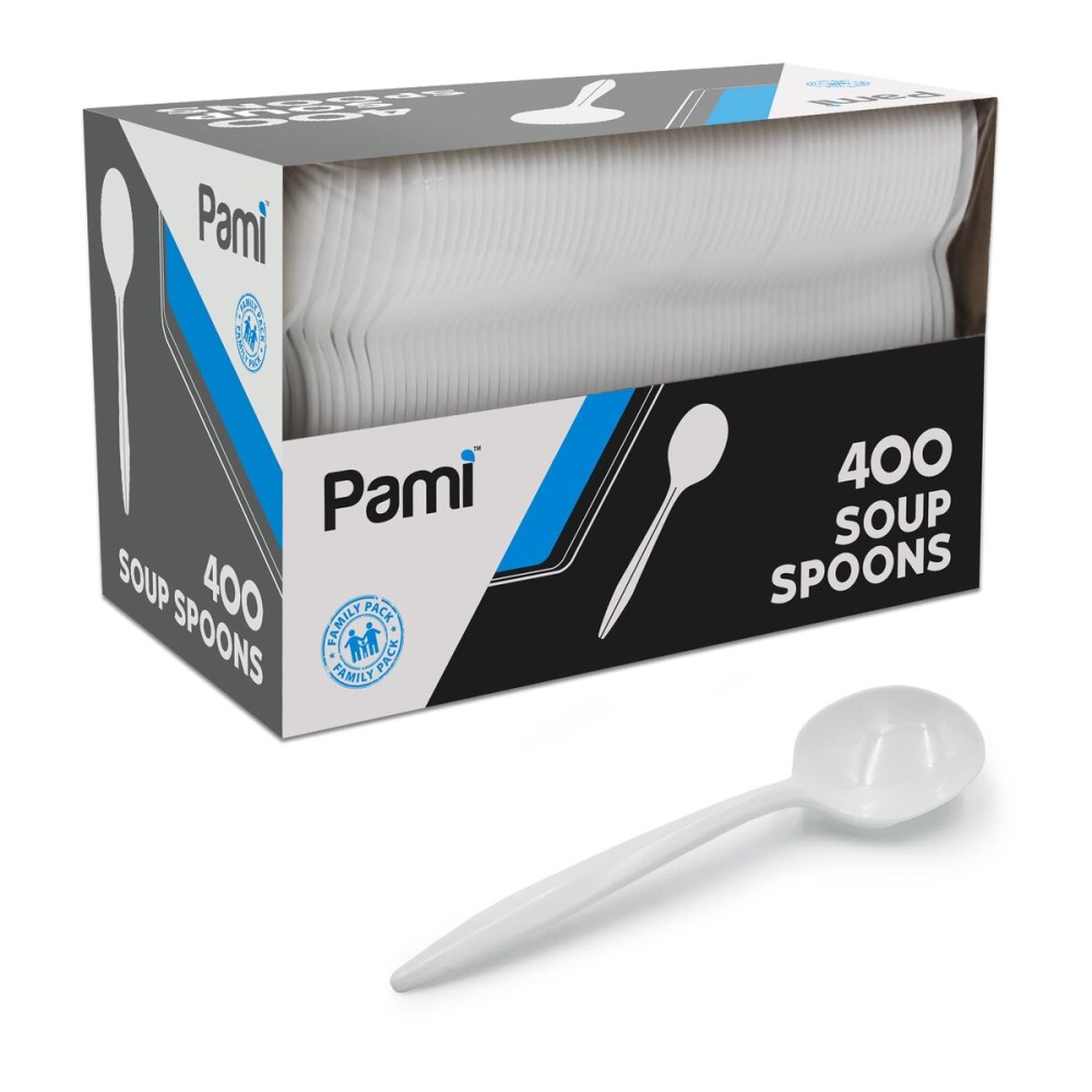 PAMI 400-Pack Medium-Weight Disposable Bulk Plastic Teaspoons for Parties, Weddings, Catering, Takeout & More (Soup Spoons White)