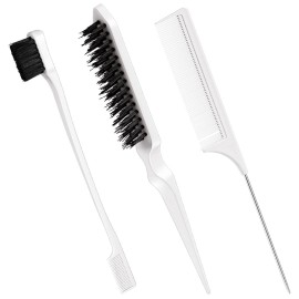 Geiserailie 3 Pcs Slick Back Hair Brush Set Bristle Brush Edge Control Teasing Comb for Women Black Hair(White)