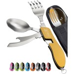 Orblue 4-in-1 Camping Eating Utensils, 2-Pack - Portable Spoon, Fork, Knife & Bottle Opener Combo Set - Stainless Steel Flatware with Detachable Fork - Travel, Backpacking Cutlery Multitool, Yellow