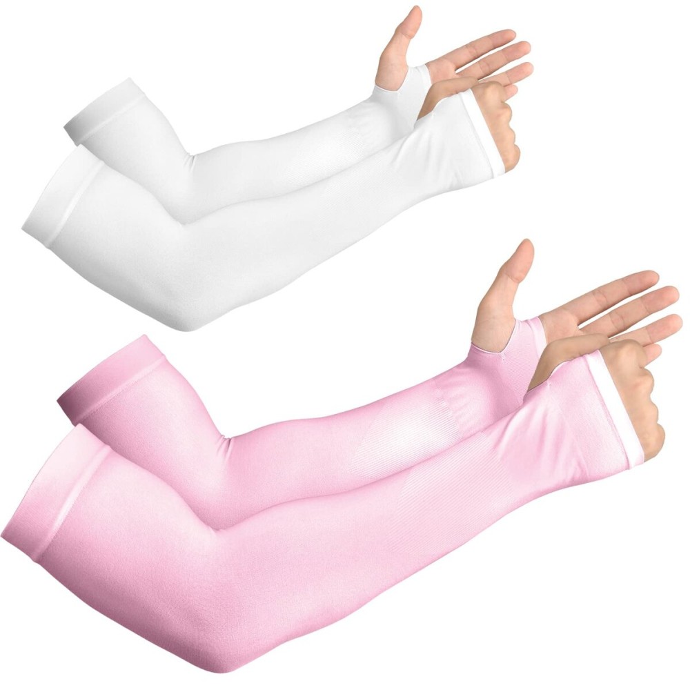 YESLIFE 2 Pairs UV Sun Protection Arm Sleeves for Men & Women - Tattoo Cover Up - UPF 50 Cooling Sports Sleeve for Basketball Golf Running (White & Pink)