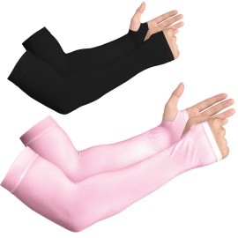 YESLIFE 2 Pairs UV Sun Protection Arm Sleeves for Men & Women - Tattoo Cover Up - UPF 50 Cooling Sports Sleeve for Basketball Golf Running (Black & Pink)