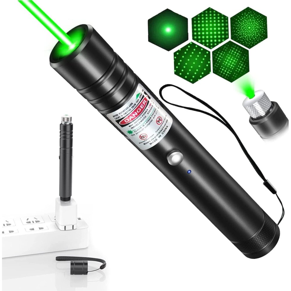 IVVTRYI Long Range High Power Tactical Green Beam Flashlight Laser Pointer rechargeableUSB Laser Pointer Cat Toys with Star Cap Adjustable Focus for Teaching Outdoor Hunting