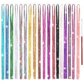 Hair Tinsel Kit 18 Colors, 3600 Strands 48 Inches Fairy Hair, Sparkling Hair Tensile for Christmas New Year Halloween Cosplay Party, Tinsel Hair Extensions with Tool