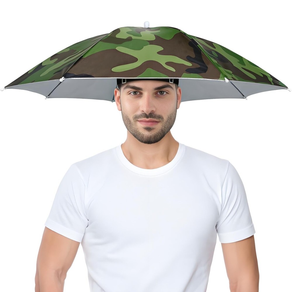 NLDGDZJ 27 Inch Fishing Umbrella Hat, Lightweight Hands-Free Head Umbrella Hats for Adults Women & Men, 8-Rib Sun Rain Cap for Fishing, Camping, Beach, Gardening & Outdoor Activities - Camouflage