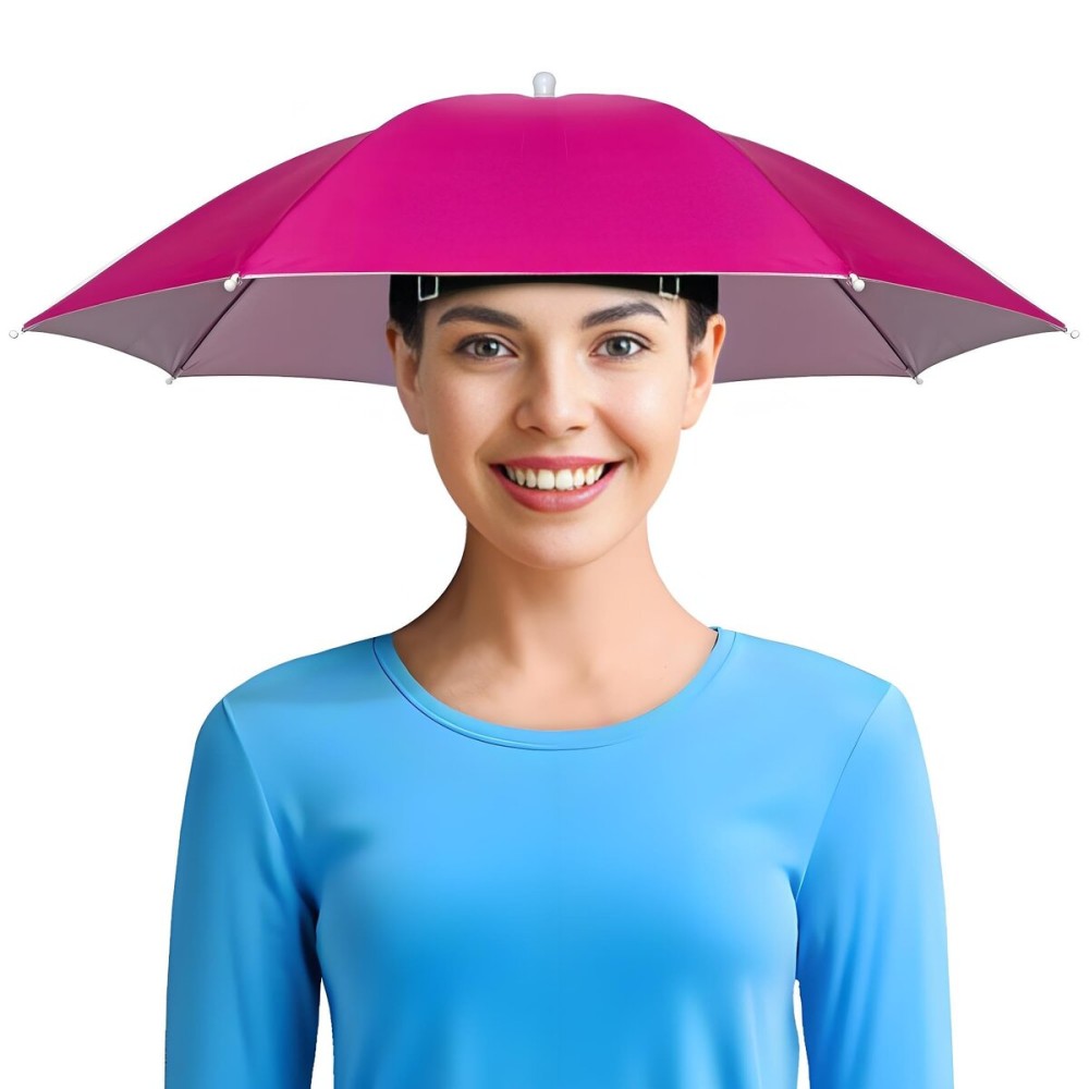 NLDGDZJ 27 Inch Fishing Umbrella Hat, Lightweight Hands-Free Head Umbrella Hats for Adults Women & Men, 8-Rib Sun Rain Cap for Fishing, Camping, Beach, Gardening & Outdoor Activities - Rose Red