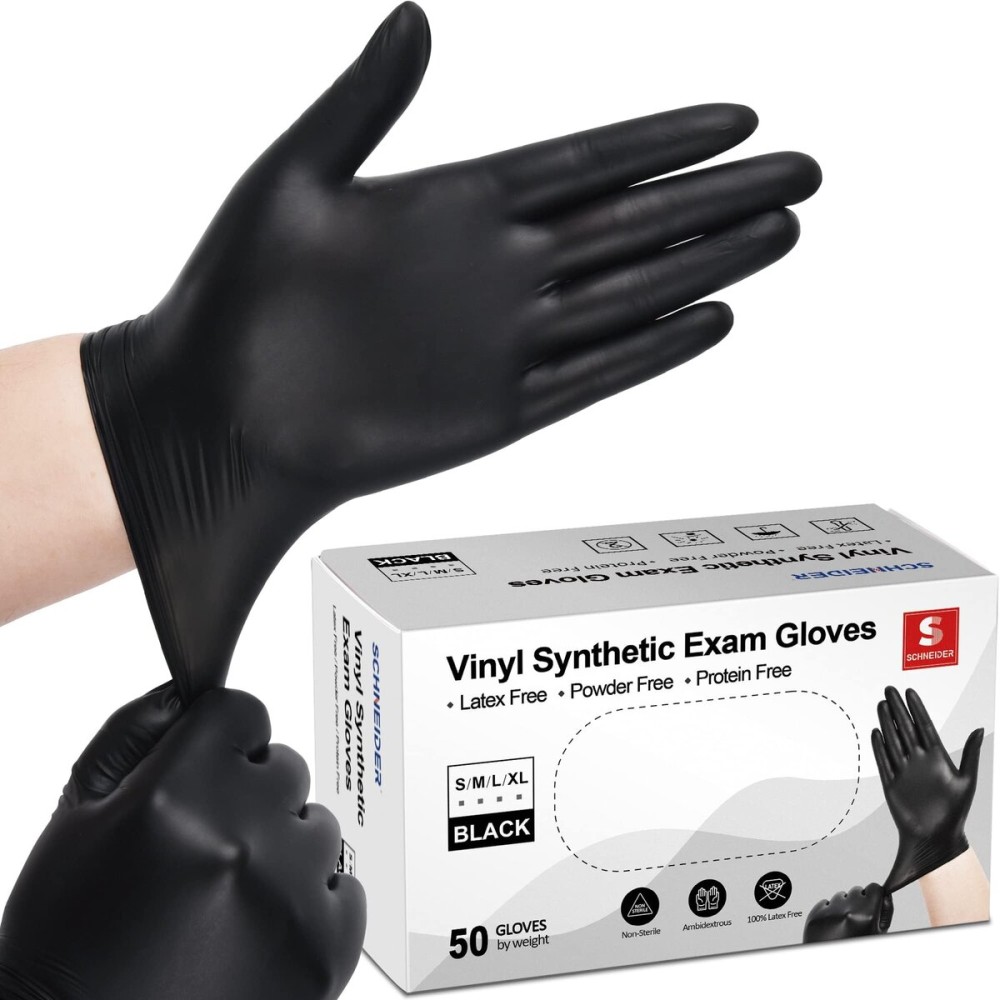 Schneider Black Vinyl Exam Gloves, 4mil, Disposable Gloves Latex-Free, Plastic Gloves for Medical, Cooking, Cleaning, and Food Prep, Sizes Small (Pack of 50)