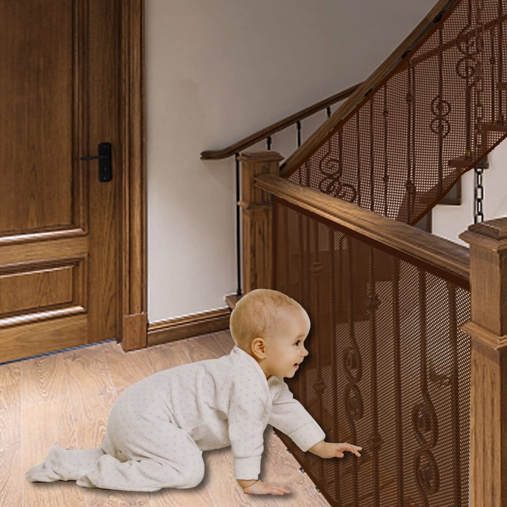 JIFTOK Baby Gate for Stairs, Banister Guard for Kids, Pets, Toys, 10ft L x 2.6 ft H, Mesh Netting Safety Net for Balcony Rail Stair, Stairway Net Baby Safety Products for Indoor & Outdoor (Brown)