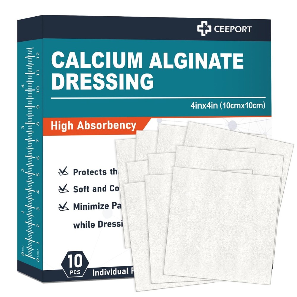 Ceeport Calcium Alginate Wound Dressing Pads, 4\'\' x 4\'\' Patches [10 Individual Pack], High Absorbency Dressing, Soft Wound Care Products, Comfortable & Gentle and Non Stick Gauze Pads for Wound Care