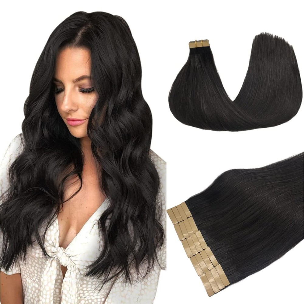 DOORES Tape in Hair Extensions, Natural Black 26 Inch 60g 20pcs, Hair Extensions Tape in Hair Extensions Human Hair Long Straight Hair Remy Hair Extensions Skin Weft