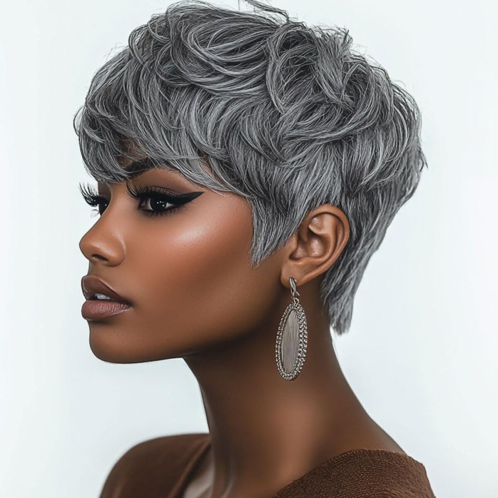Short Curly Wigs for Blcak Women Black Mixed Silver Pixie Cut Wig for Black Women Cute Blonde Pixie Wig with Bangs Short Layered Pixie Wig Synthetic Natural Wavy Short Synthetic Hair Wigs for Women