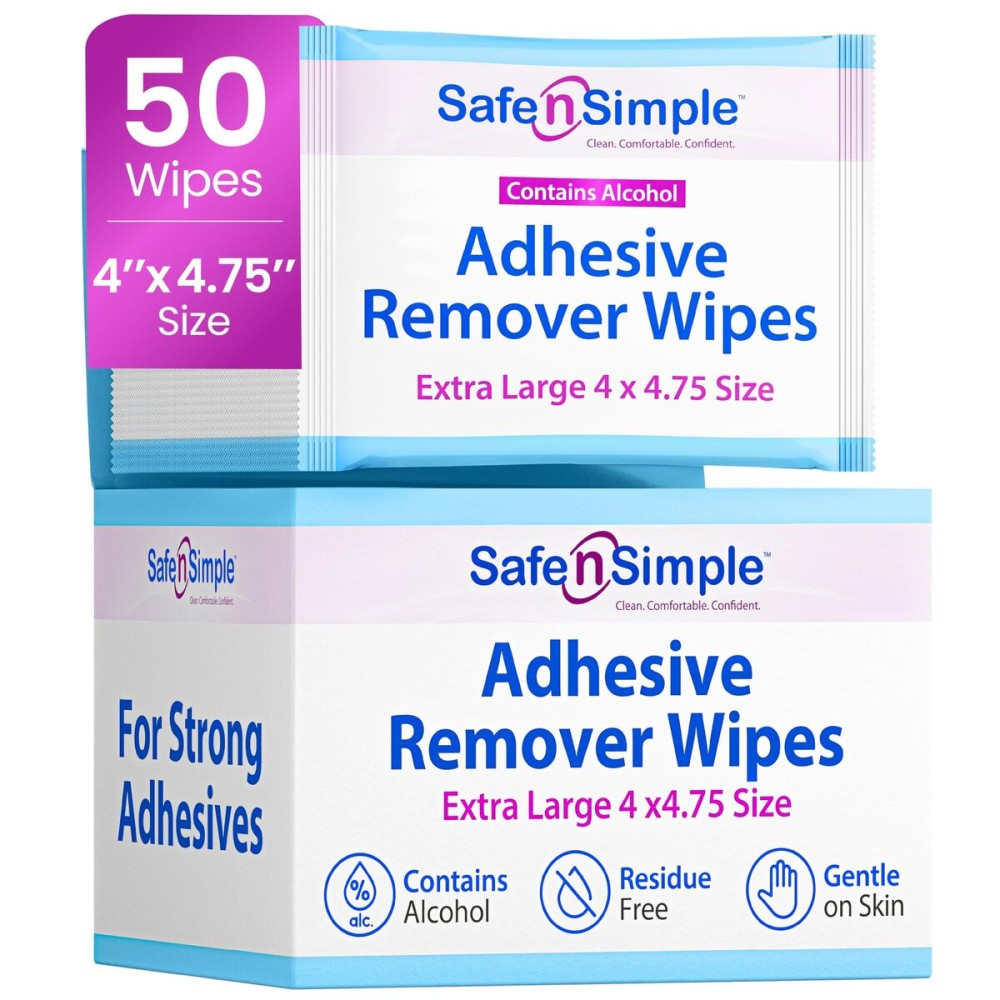 Safe n Simple Adhesive Remover for Skin - 50 Individually Wrapped Large 4x4.75 Alcohol Adhesive Remover Wipes - Medical Isopropyl Alcohol Pads - Gentle Adhesive Removal Wipes for Bandages & Ostomy