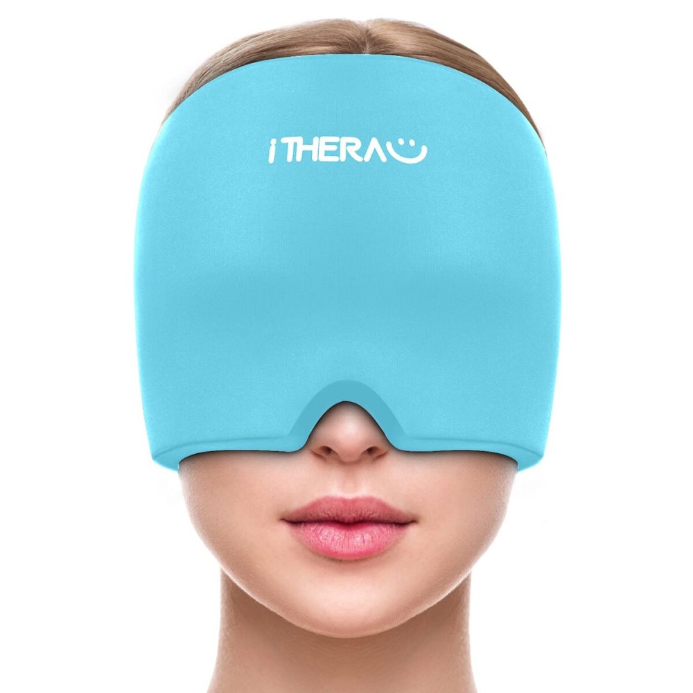 iTHERAU Migraine Relief Cap, Soothing Headache Hat, Gel Ice Pack Head Wrap with Hot and Cold Therapy, Headache Relief Cap for Sinus, Puffy Eyes, Tension and Stress Relief Blue