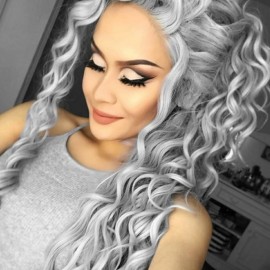 Fencca Grey Long Curly Wig Synthetic Mixed Gray Wave hair for Women Free Part Full Layered Long Wavy Grey Wig