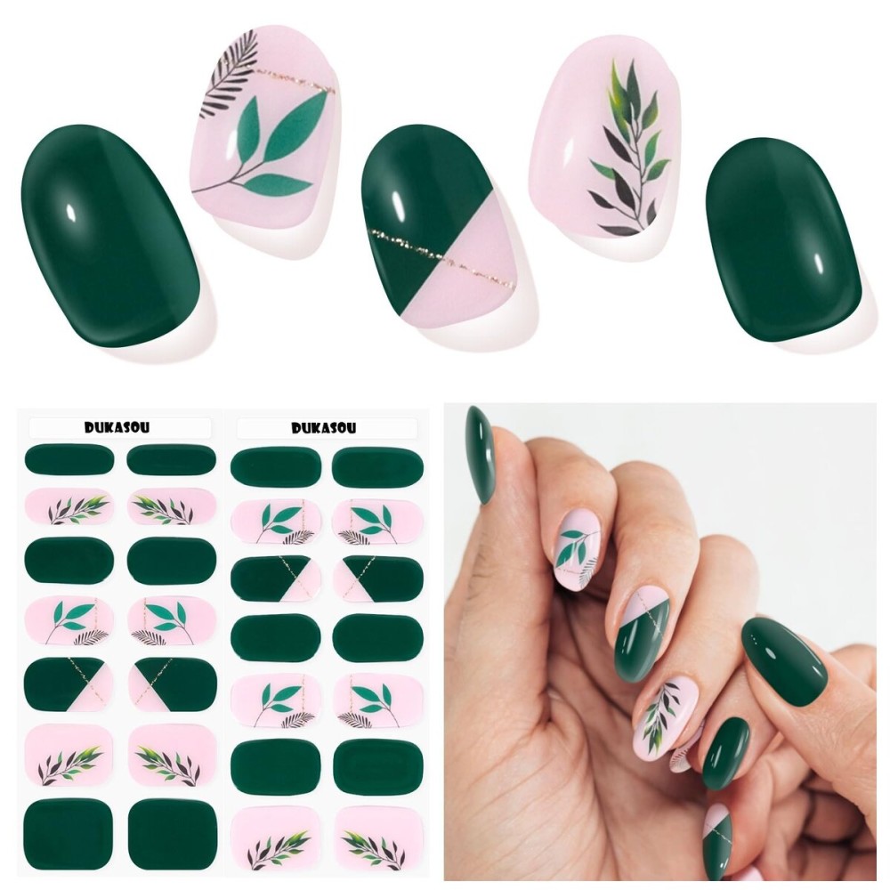 DUKASOU Semi Cured Gel Nail Strips, Grass Green | 28 pcs Gel Nail Strips Work with Any UV Lamp, Salon Quality UV Nails Stickers, Easy to Apply for Home Nails DIY