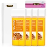 CENYEDA Roll On Wax Kit - Hair Removal Cartridges, 4 Pack Honey Rollers With 50 Strips and 20 After-Wax Treatment Wipes