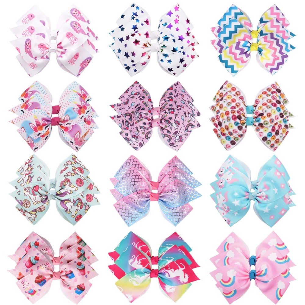 24PCS 4.5Inch Bows for Girls Boutique Grosgrain Ribbon Rainbow Hair Bow Alligator Hair Clips Pigtail Bows Unicorn Hair Clips for Baby Girls Toddler Kids Children Teens in Pairs