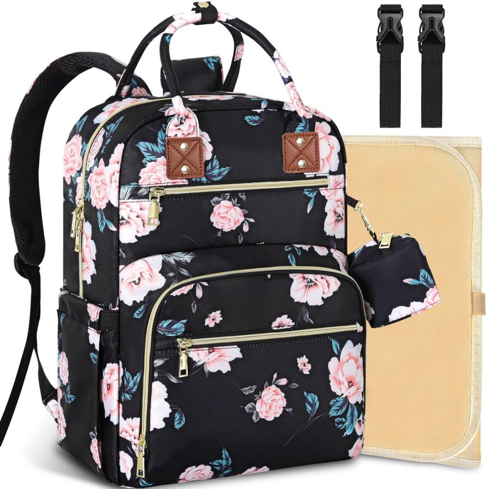 Tenot Baby Diaper Bag Backpack, Travel Diaper Bags for Girl Boy Large Capacity Baby Bag Backpack for Women Black Floral